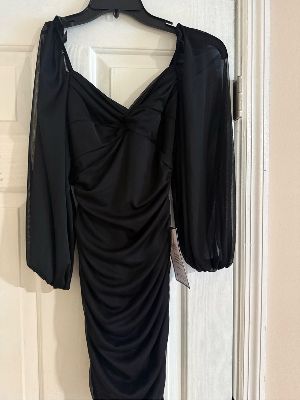 Black Ruched Midi Dress with Sheer Balloon Sleeves